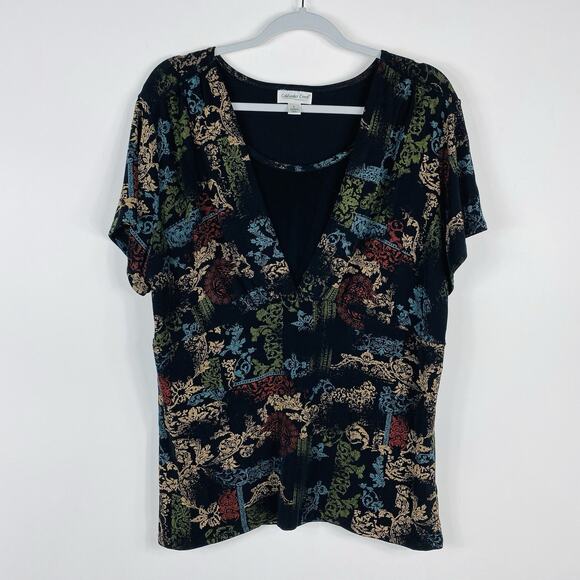 Coldwater Creek Size Large Floral Print Layered Look Acetate Top Black - Picture 1 of 5